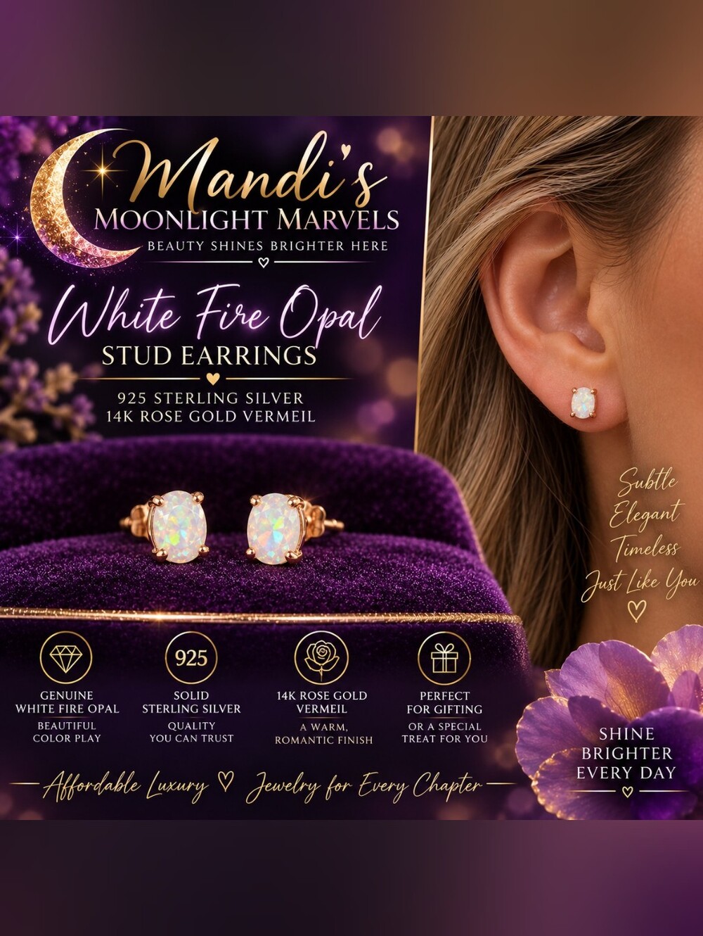 White Fire Opal Stud Earrings - 14K Rose Gold Vermeil